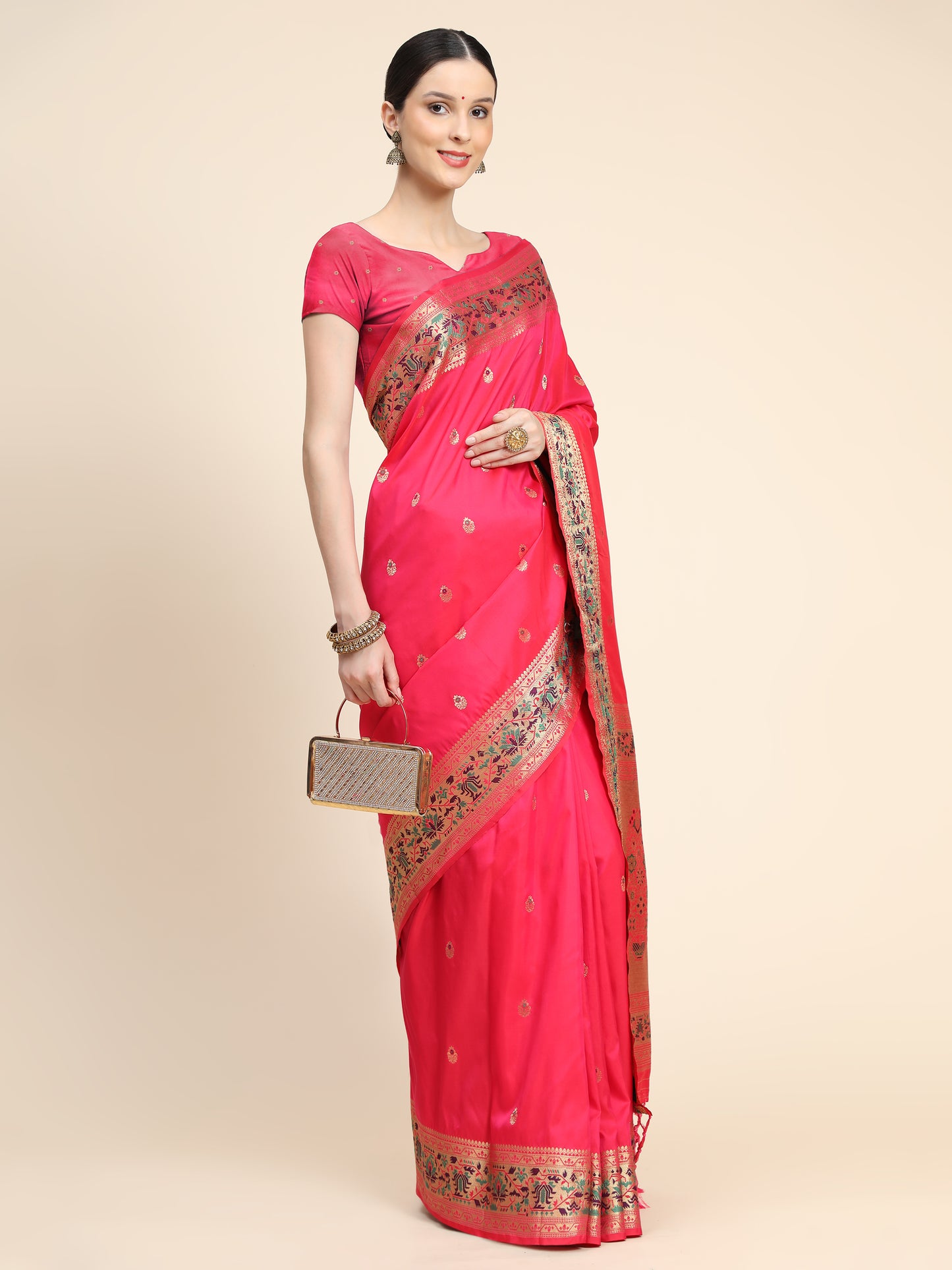 Pink Color Floral Woven Design Zari Paithani Saree