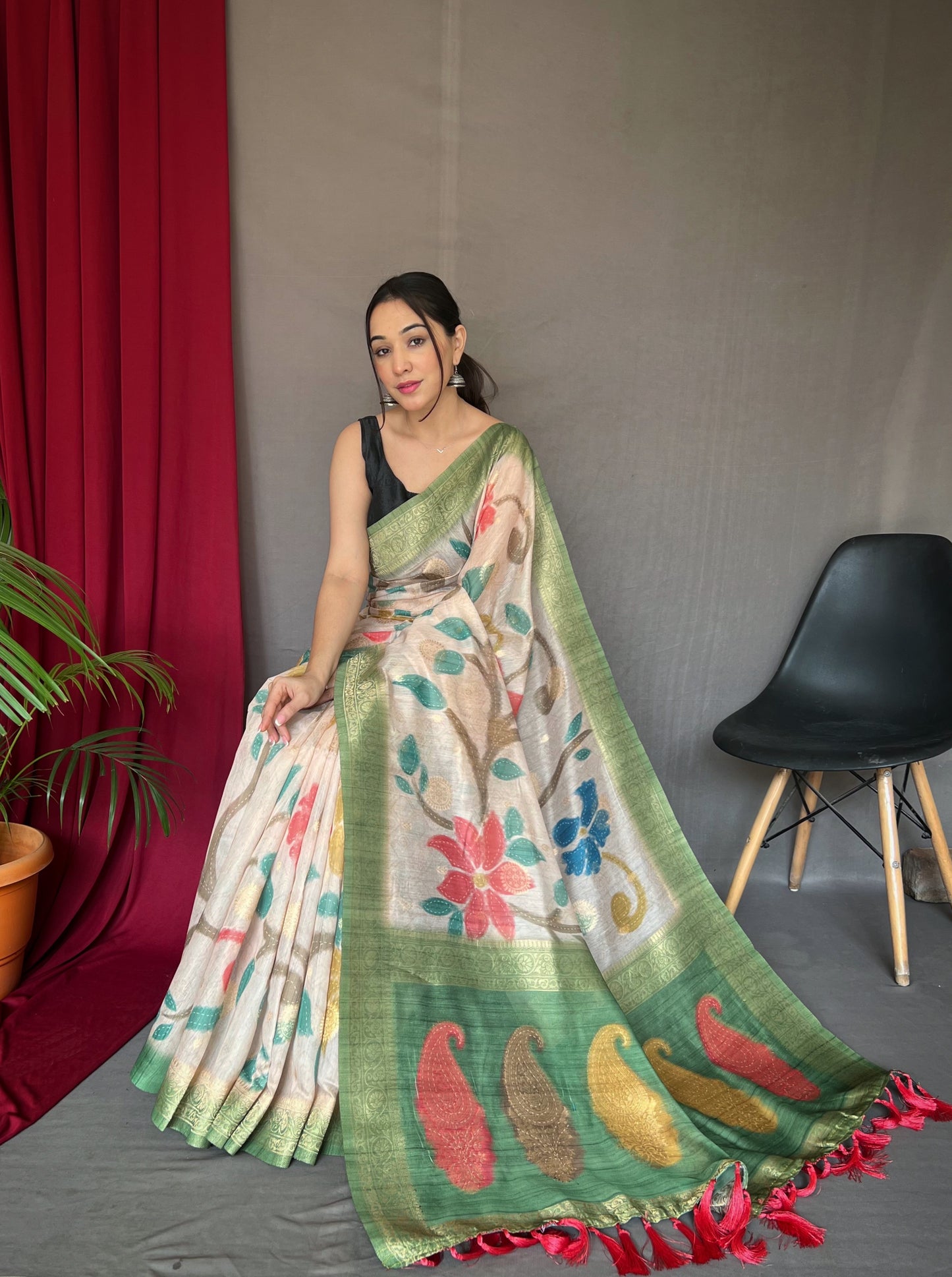 Pista Chanderi Silk With Digital Printed Silk Saree