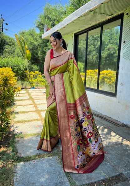 Pista Soft Paithani Silk 3d Traditional Design Patterns Gold And Silver Zari Saree