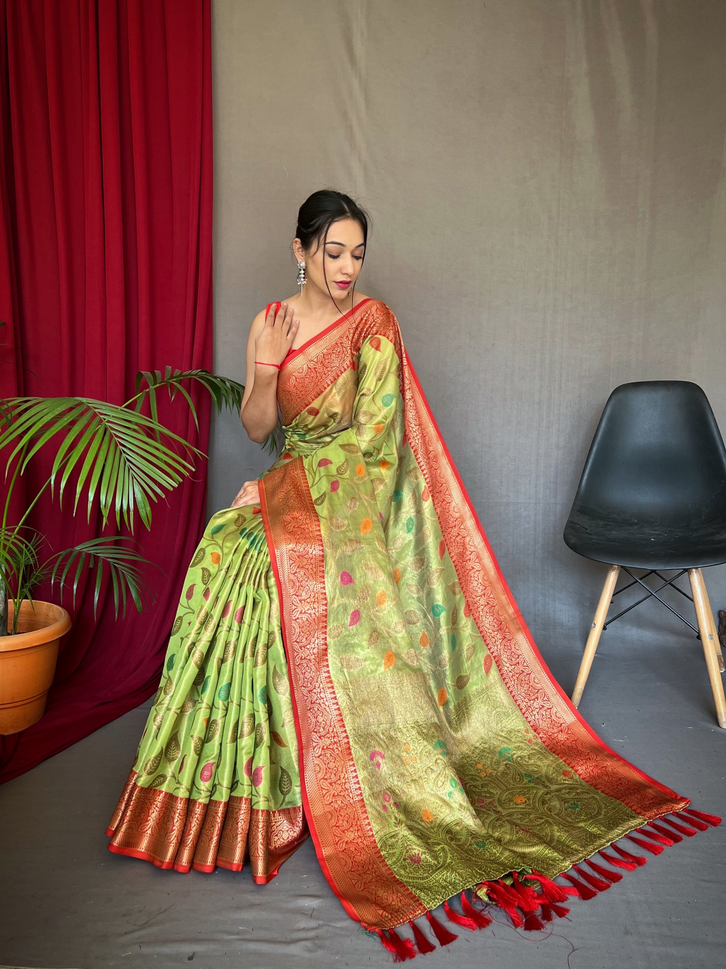 Pista Color Pure Tissue Silk Saree With Zari Weaving