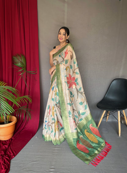 Pista Chanderi Silk With Digital Printed Silk Saree