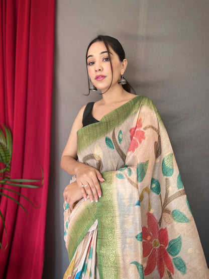 Pista Chanderi Silk With Digital Printed Silk Saree