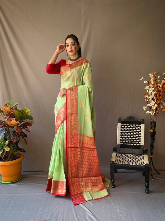 Pista Soft Linen Weaving Sarees With Contrast Weaving Border And Pallu. Paired With Contrast Unstitched Blouse