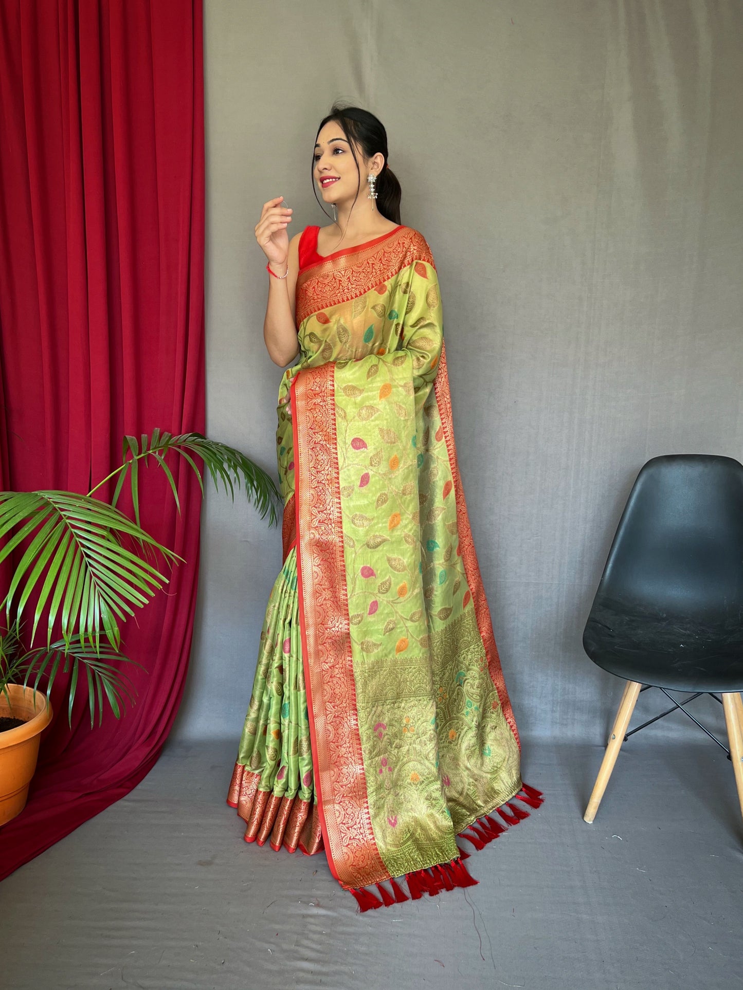 Pista Color Pure Tissue Silk Saree With Zari Weaving