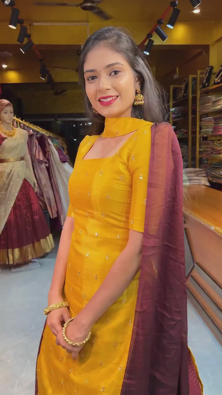 Pure zari woven Kanchi cotton mustard yellow maroon

