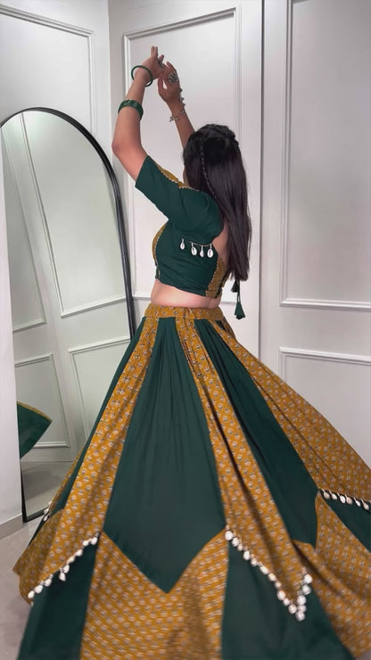 Green Color Pure Cotton Plain And Printed With Cowrie (Kodi) Lace Navratri Lehenga Choli