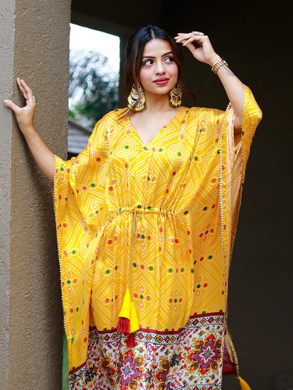 Mustered Color Digital Print Pure Gaji Silk Kaftan