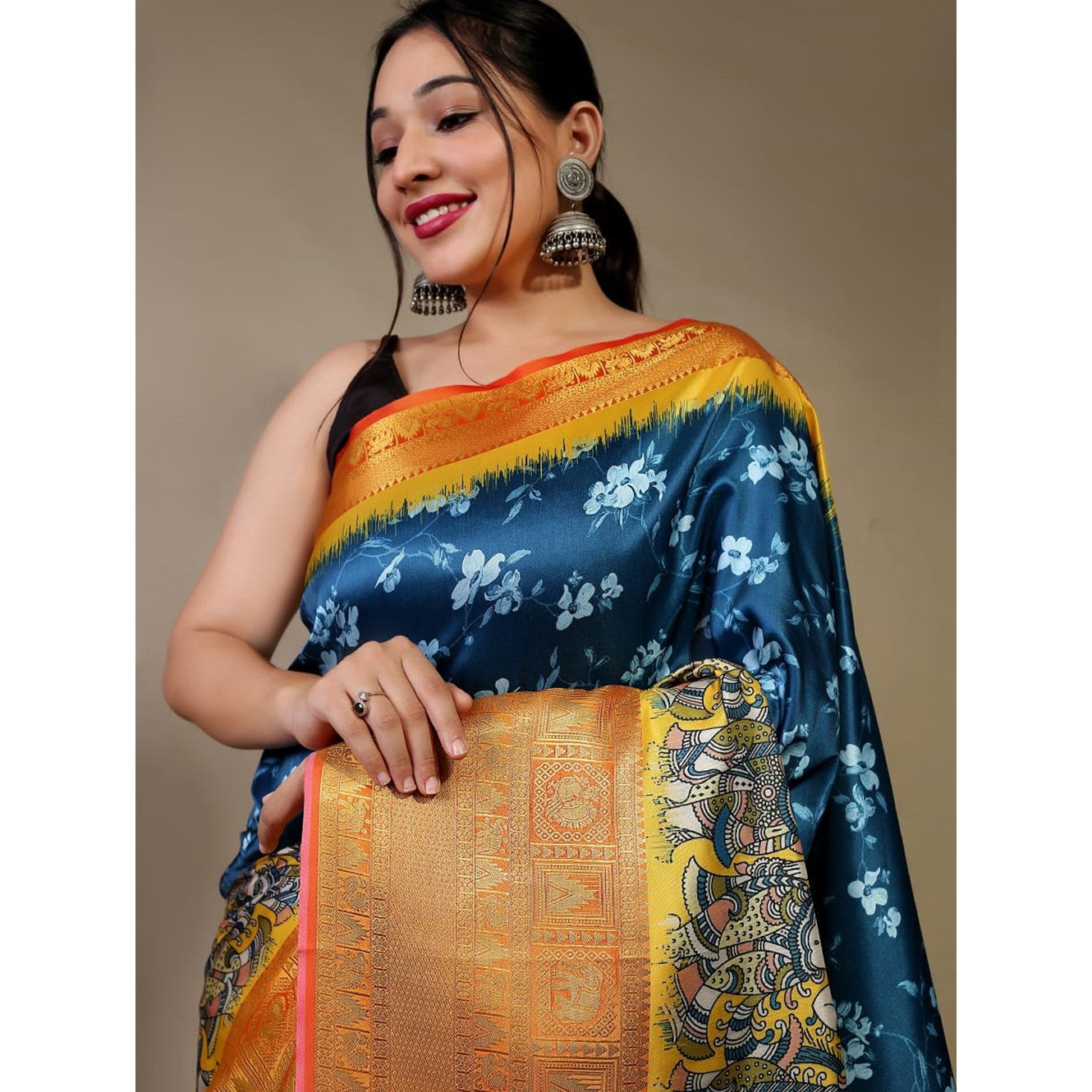 Cyan  Blue   Pure Kanchipuram Digital Printed Kalamkari Saree