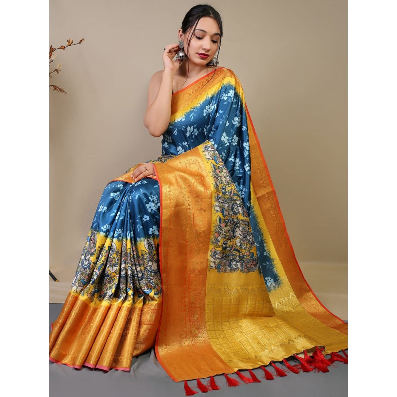 Cyan  Blue   Pure Kanchipuram Digital Printed Kalamkari Saree