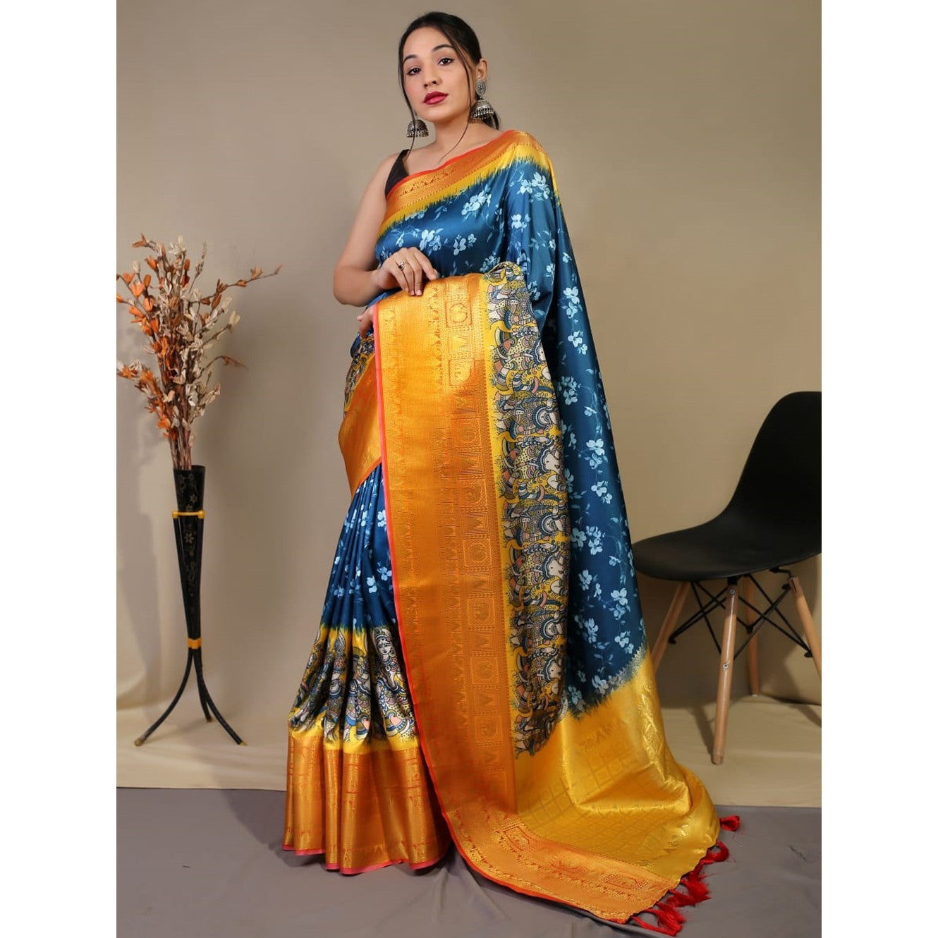 Cyan  Blue   Pure Kanchipuram Digital Printed Kalamkari Saree