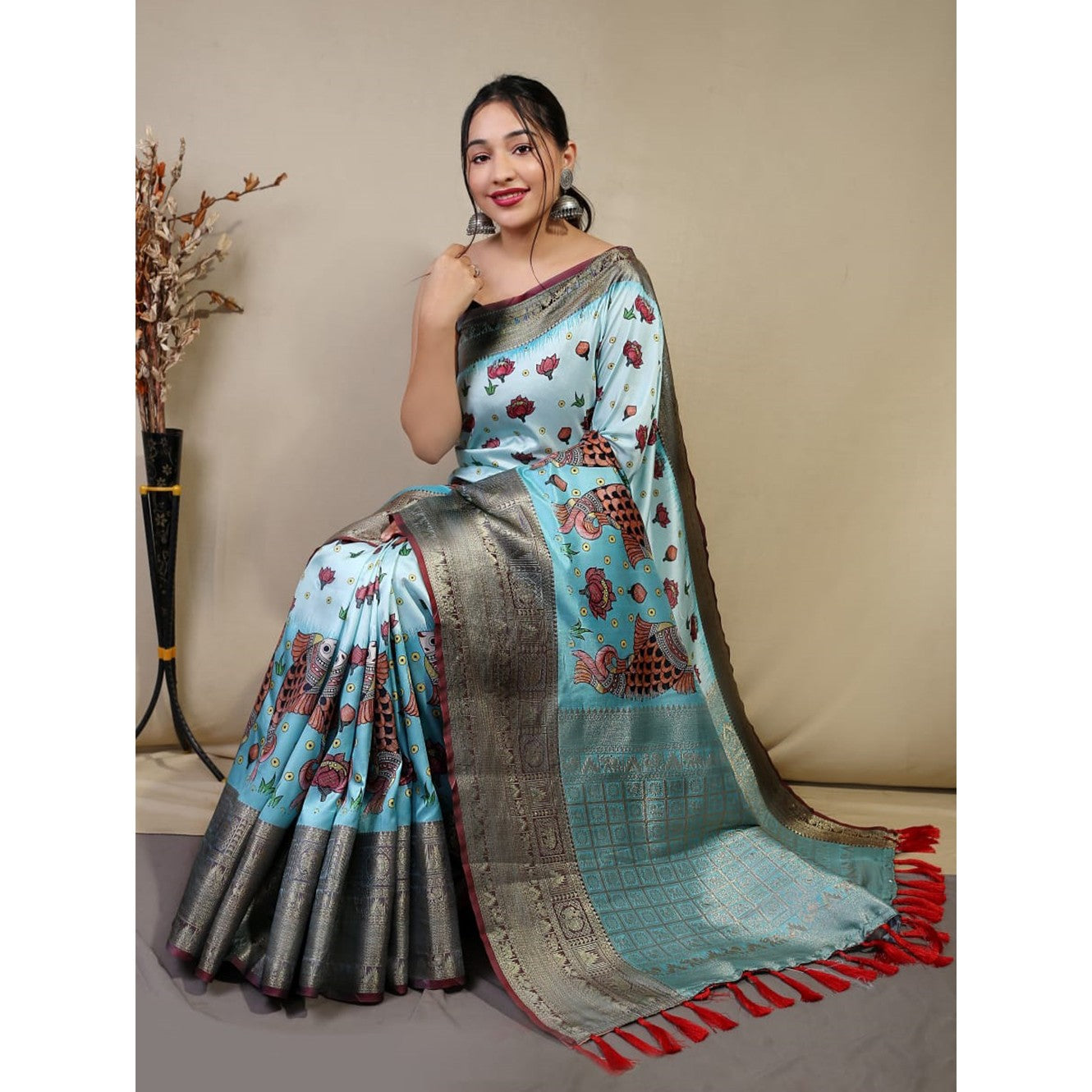 Light Sea Blue   Pure Kanchipuram Digital Printed Kalamkari Saree