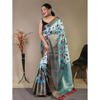 Light Sea Blue   Pure Kanchipuram Digital Printed Kalamkari Saree