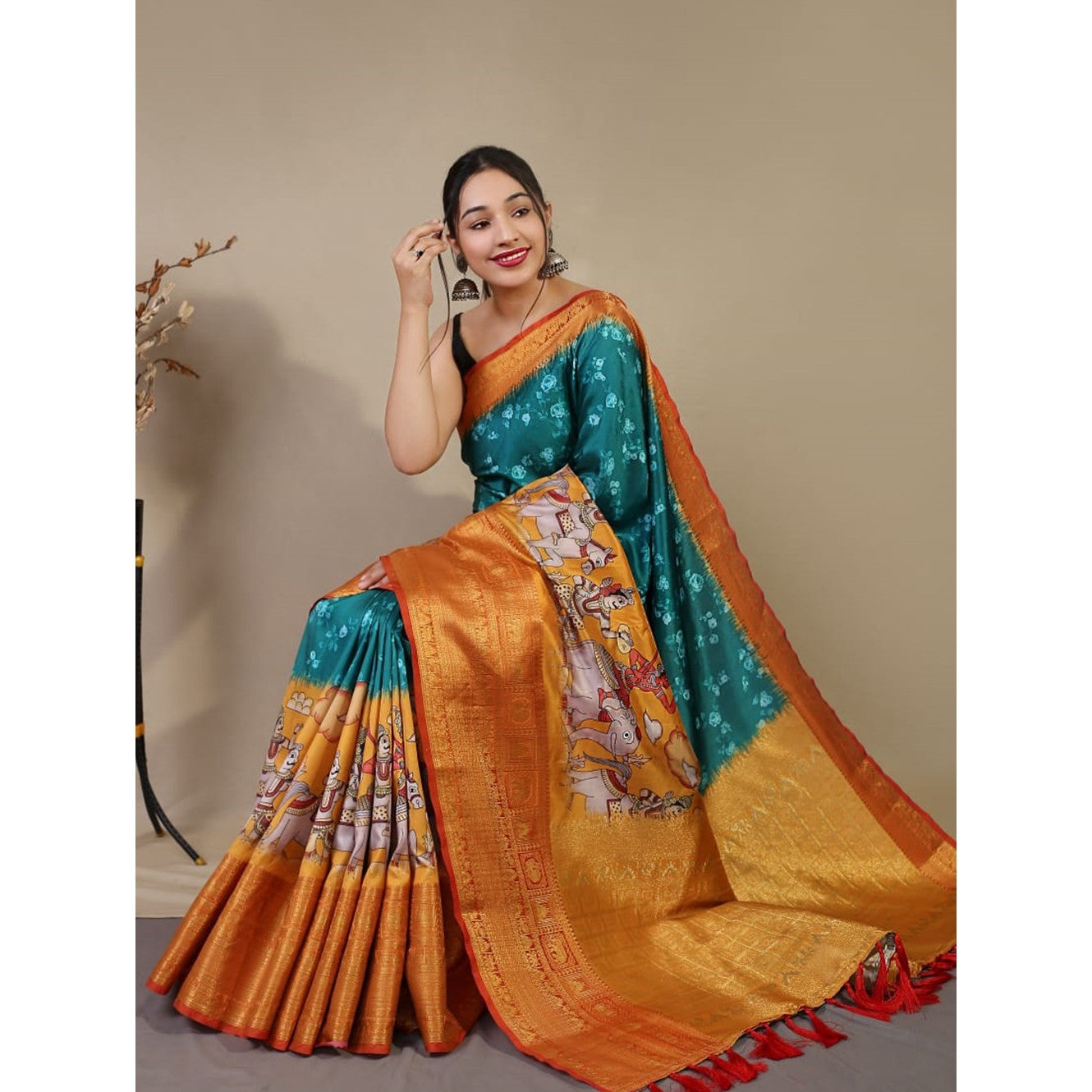 Trendy Green  Pure Kanchipuram Digital Printed Kalamkari Saree