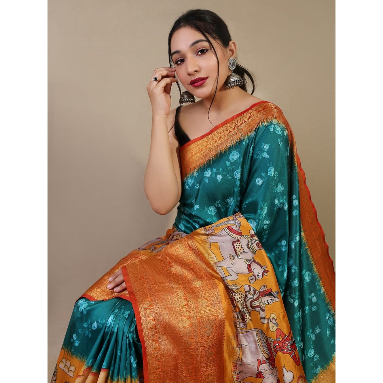 Trendy Green  Pure Kanchipuram Digital Printed Kalamkari Saree