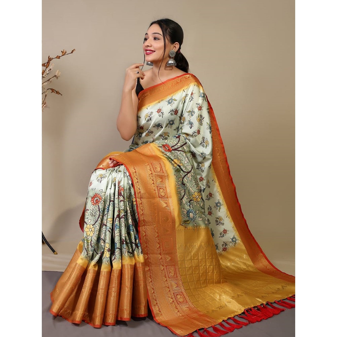 Green  Pure Kanchipuram Digital Printed Kalamkari Saree