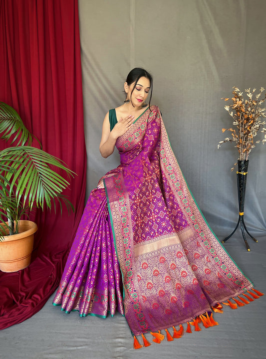 Purple Color Ethnic Motifs Zari Silk Blend Patola Saree