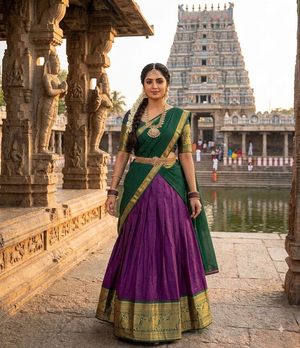 Model Wearing Purple And Bottle Green Kanjivaram Silk Zari Weaving Work Half Saree Langa Voni Set Standing In Front Of A Traditional Temple Background By The Beauty Queen