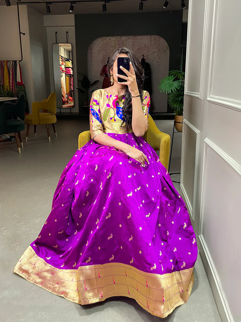 Purple Color Weaving Zari Work Jacquard Silk Paithani Gown