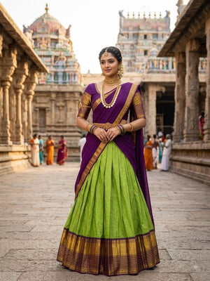 Model Wearing Purple And Parrot Green Kanjivaram Silk Zari Weaving Work Half Saree Set Standing In Front Of A Traditional Temple Background By The Beauty Queen