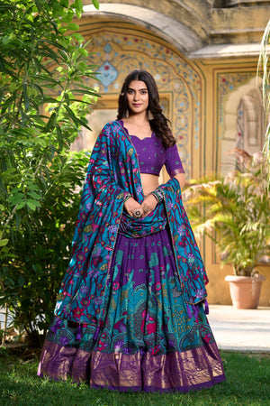 Purple and Teal Blue Tasar Silk Kalamkari Print with Foil Work Border Lehenga Choli Set by The Beauty Queen