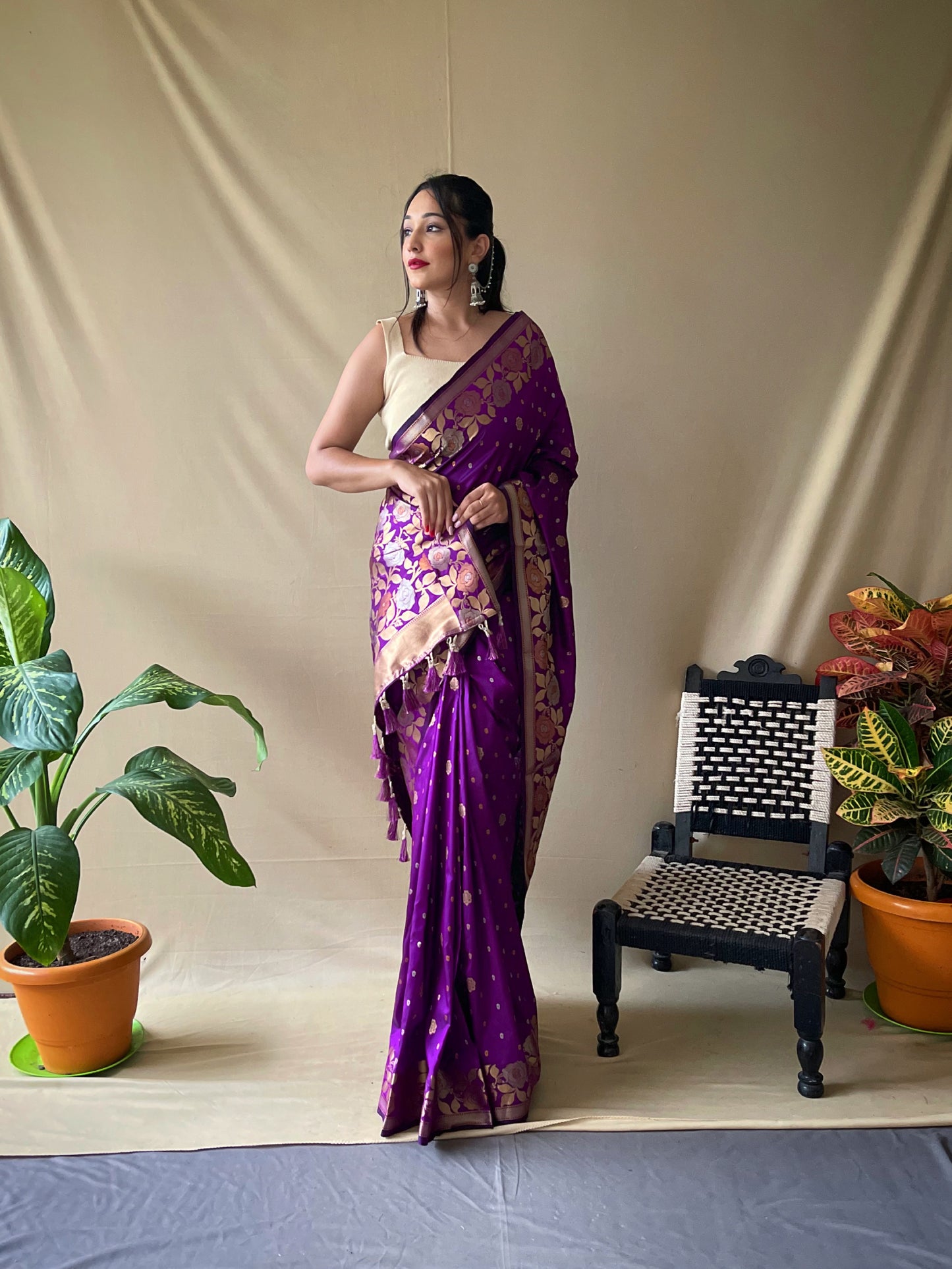 Purple Soft Silk Gold Zari Weaving All Over Having Rich Weaving Saree