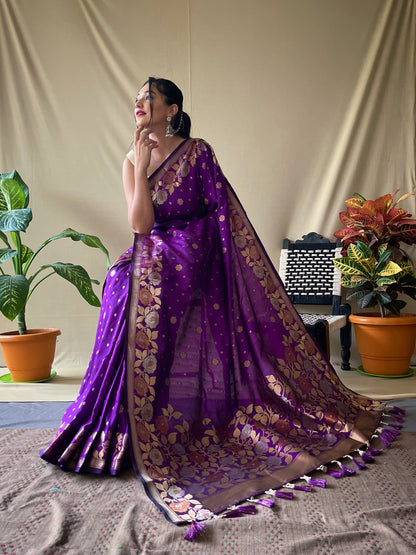 Purple Soft Silk Gold Zari Weaving All Over Having Rich Weaving Saree