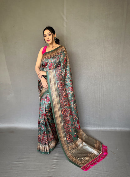 Rama Diva Soft Silk Saree With Kalamkari Fusion Print