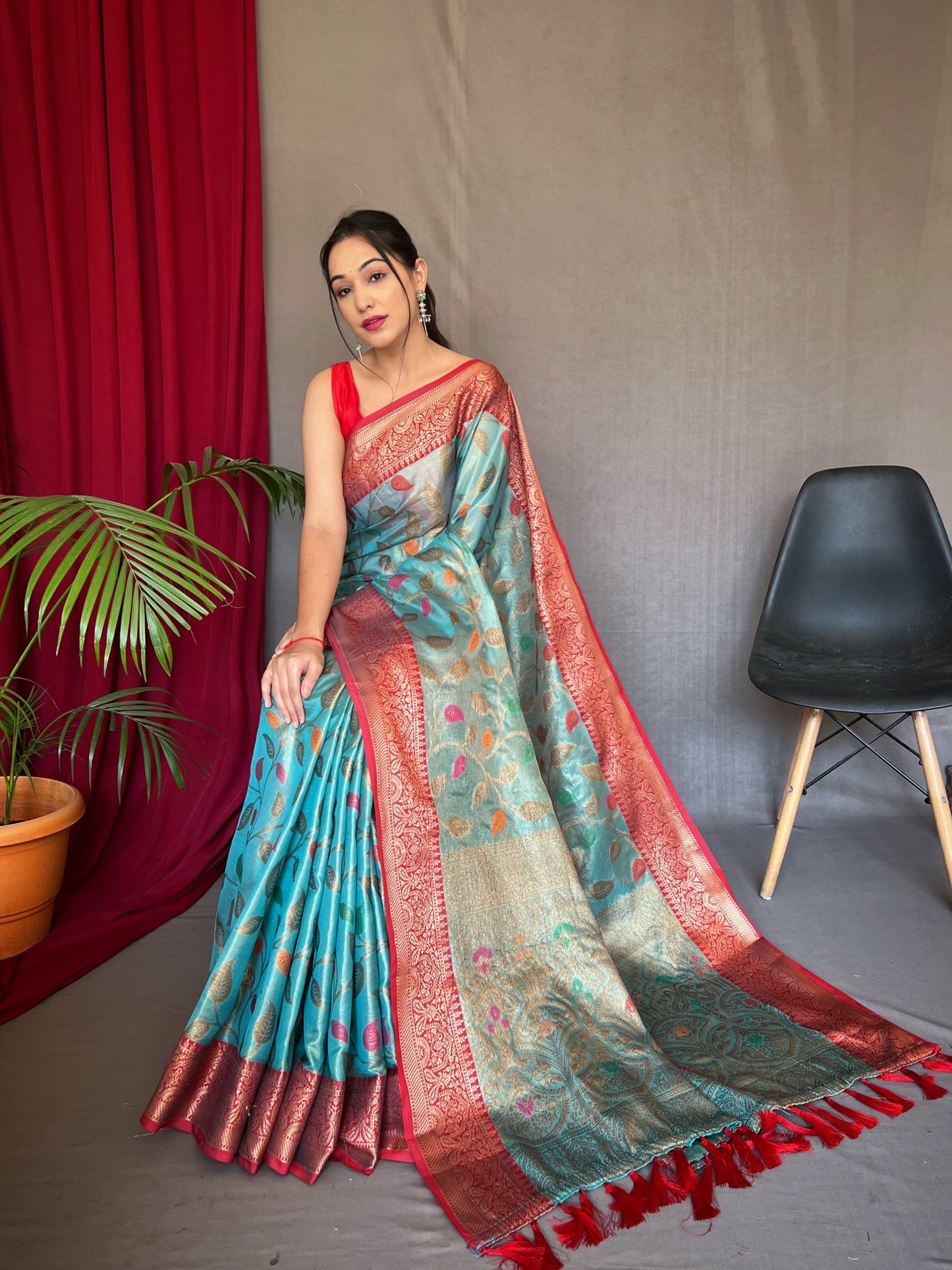 Rama Color Pure Tissue Silk Saree With Zari Weaving