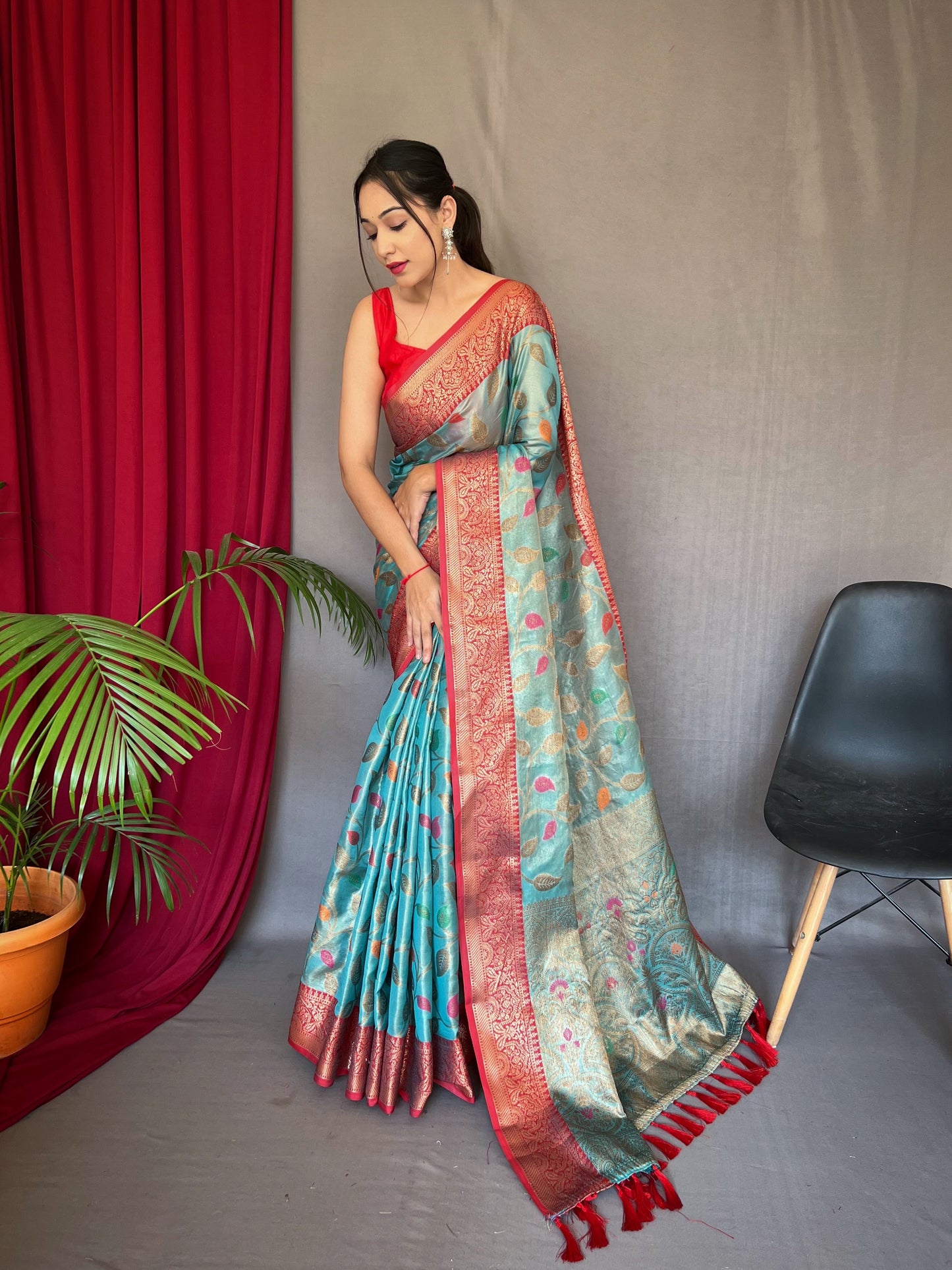 Rama Color Pure Tissue Silk Saree With Zari Weaving