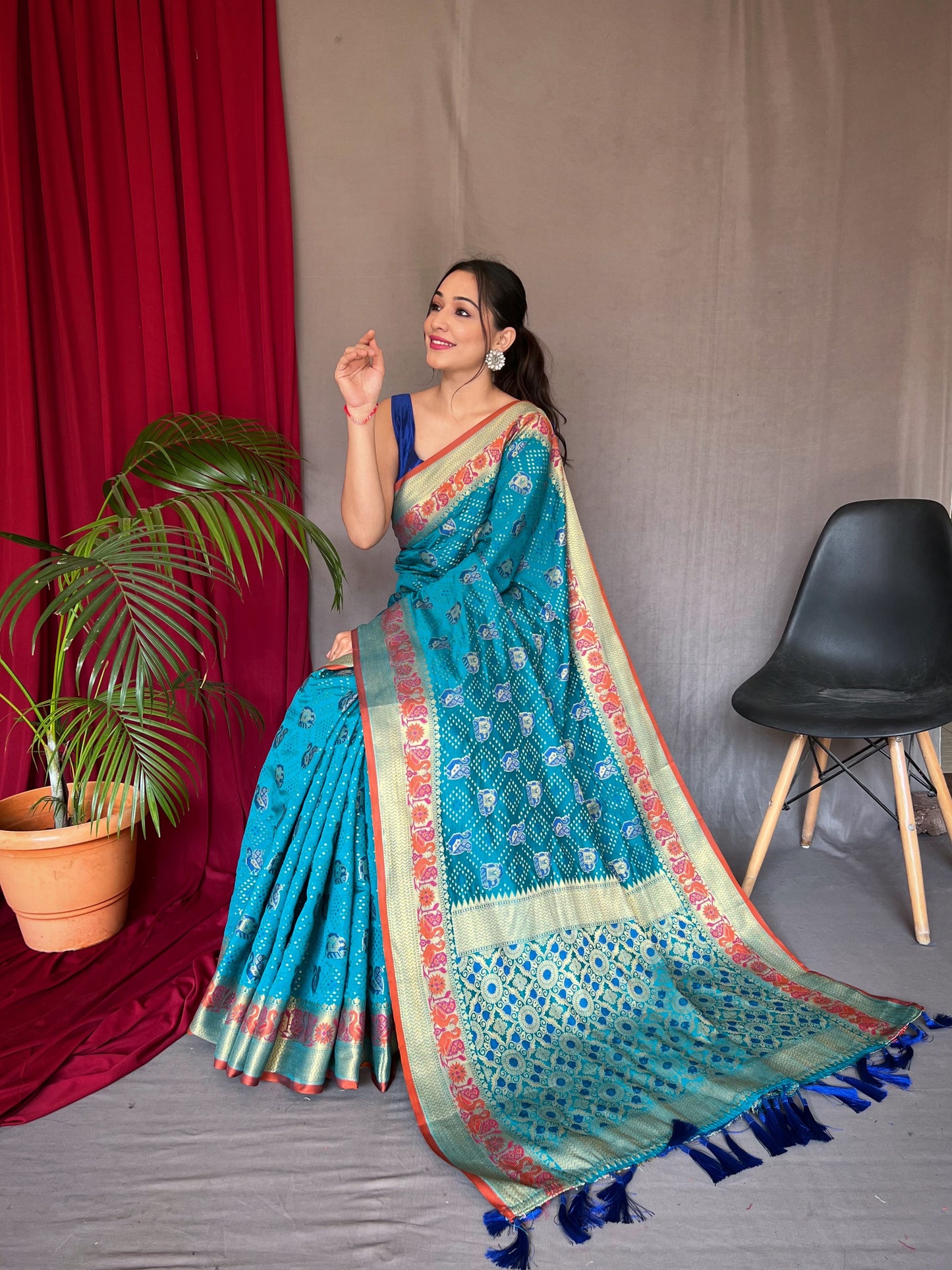 Rama Sky Kachii Patola Weaving Saree With Meenakari Border Saree