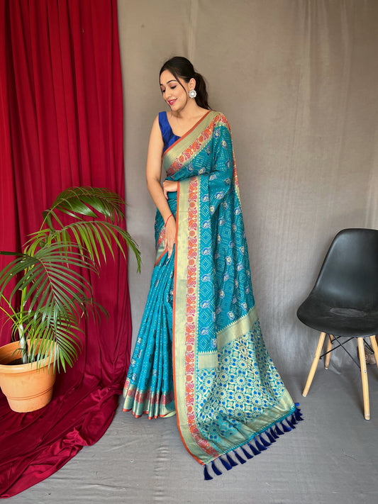 Rama Sky Kachii Patola Weaving Saree With Meenakari Border Saree