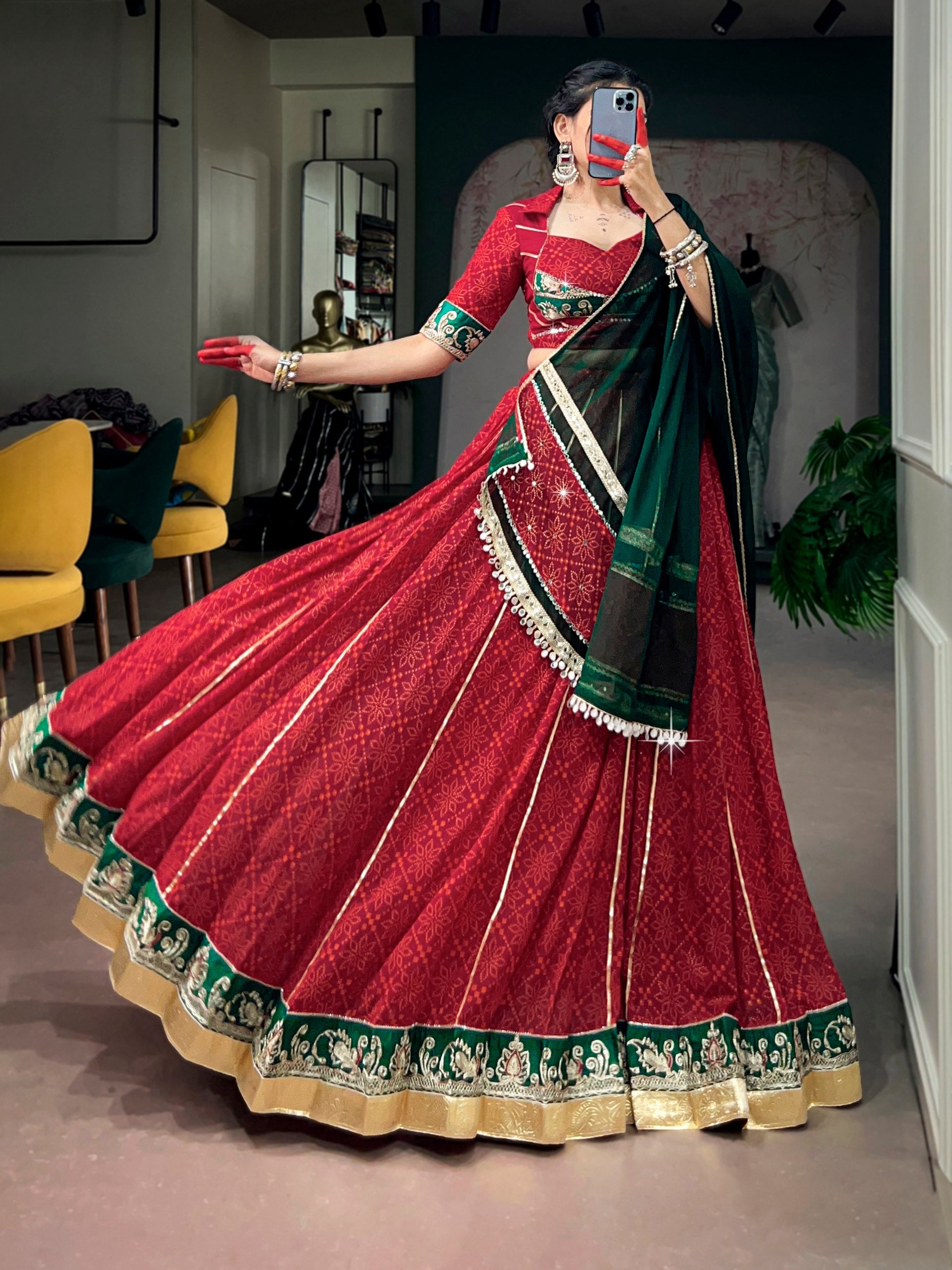 Model wearing Brick Red & Bottle Green Georgette Fabric With Bandhej Foil Print, Embossed Design Lace Navratri Chaniya Choli Set by The Beauty Queen