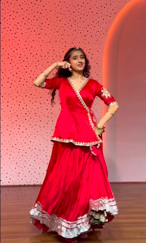 Model Wearing Red Crepe Silk Angrakha Kurti With Micro Cotton Flared Lehenga Set By The Beauty Queen