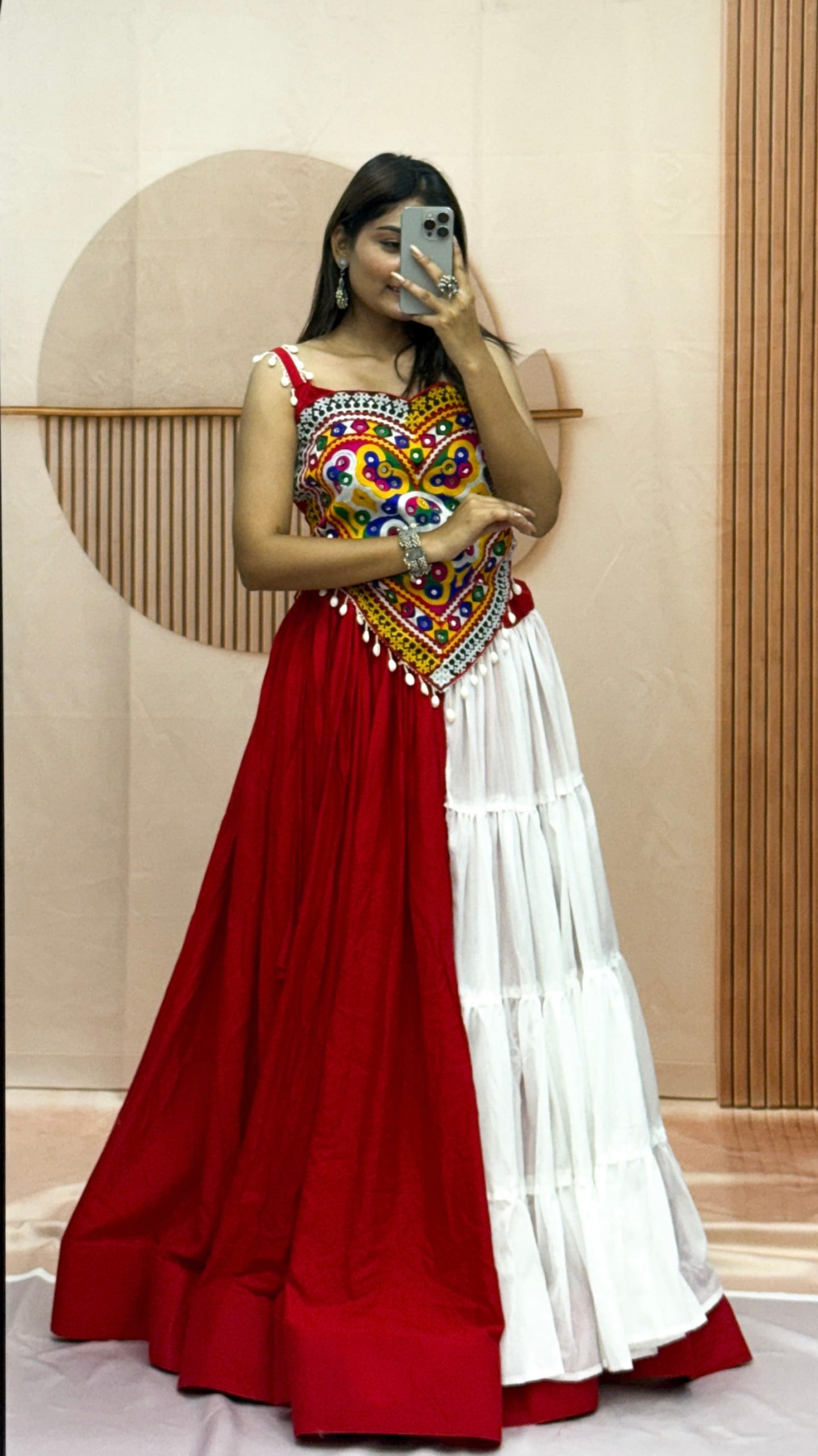 Model Wearing Red And White Dual Tone Pure Cotton Heavy Gamthi Work With Real Mirror And Kodi Work Lehenga Choli Set By The Beauty Queen