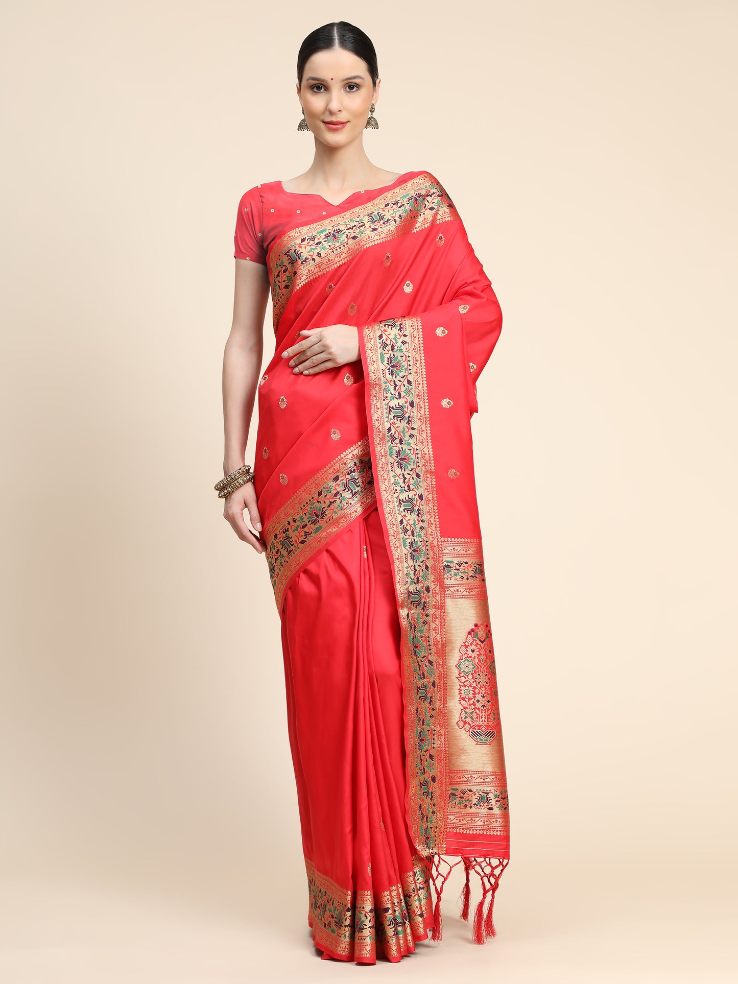 Red Color Floral Woven Design Zari Paithani Saree