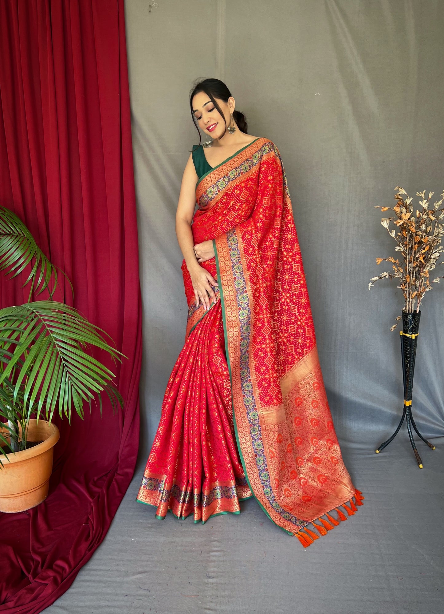 Red Color Ethnic Motifs Zari Silk Blend Patola Saree