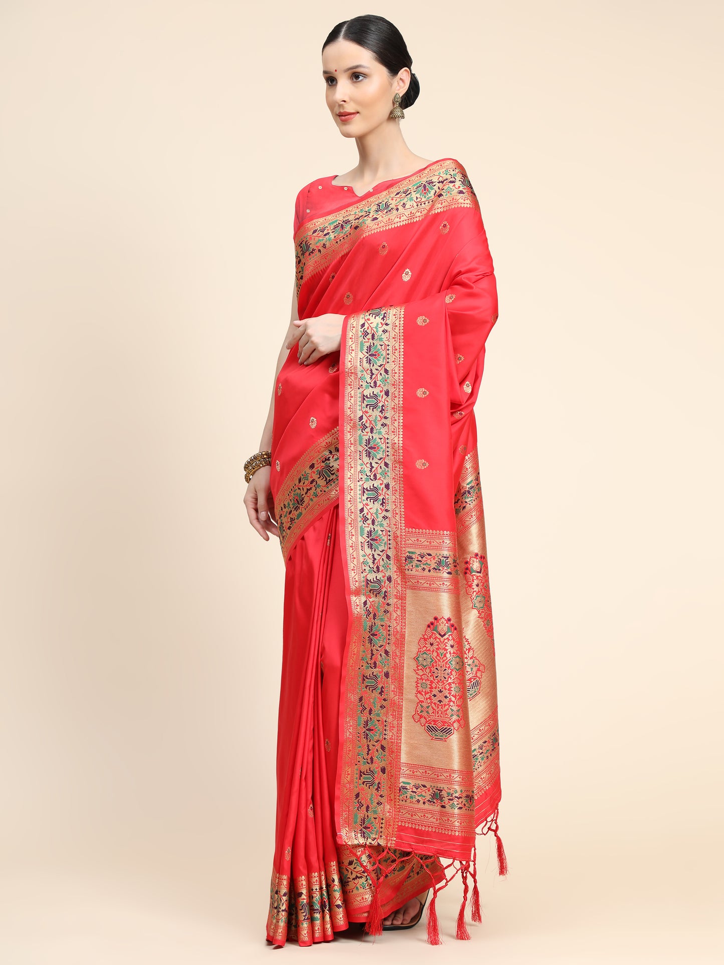 Red Color Floral Woven Design Zari Paithani Saree