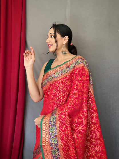 Red Color Ethnic Motifs Zari Silk Blend Patola Saree