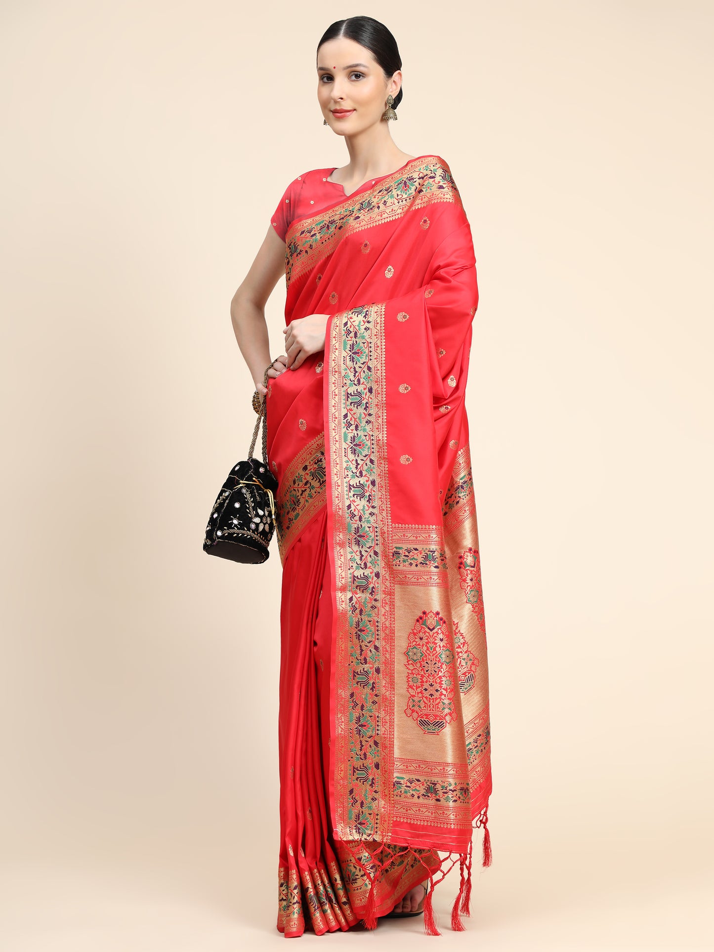 Red Color Floral Woven Design Zari Paithani Saree