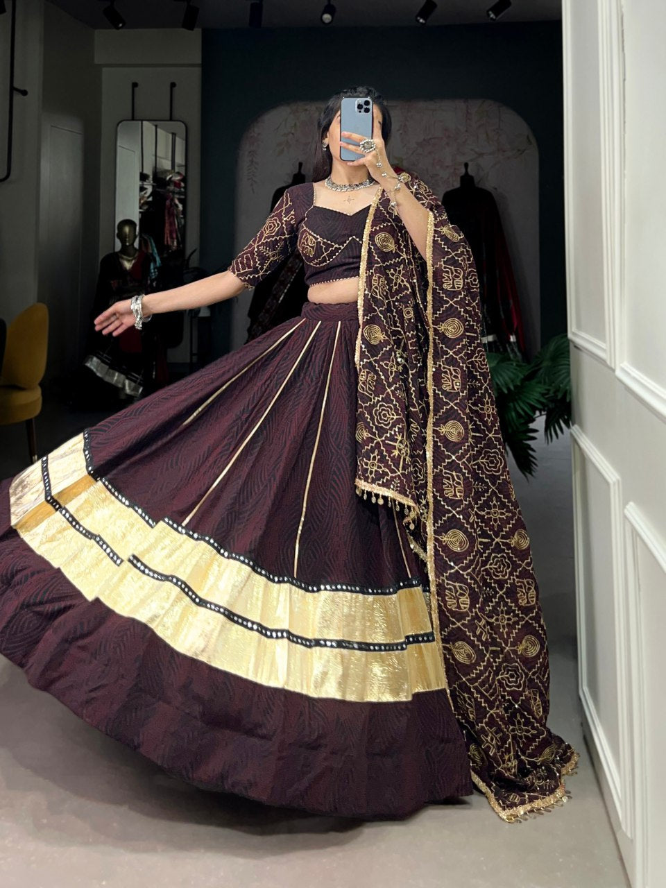 Coffee Bandhej Print And Embossed Design Paper Mirror Lace Navratri Lehenga Choli
