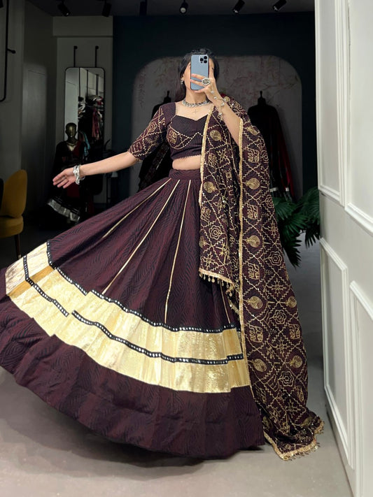 Coffee Bandhej Print And Embossed Design Paper Mirror Lace Navratri Lehenga Choli