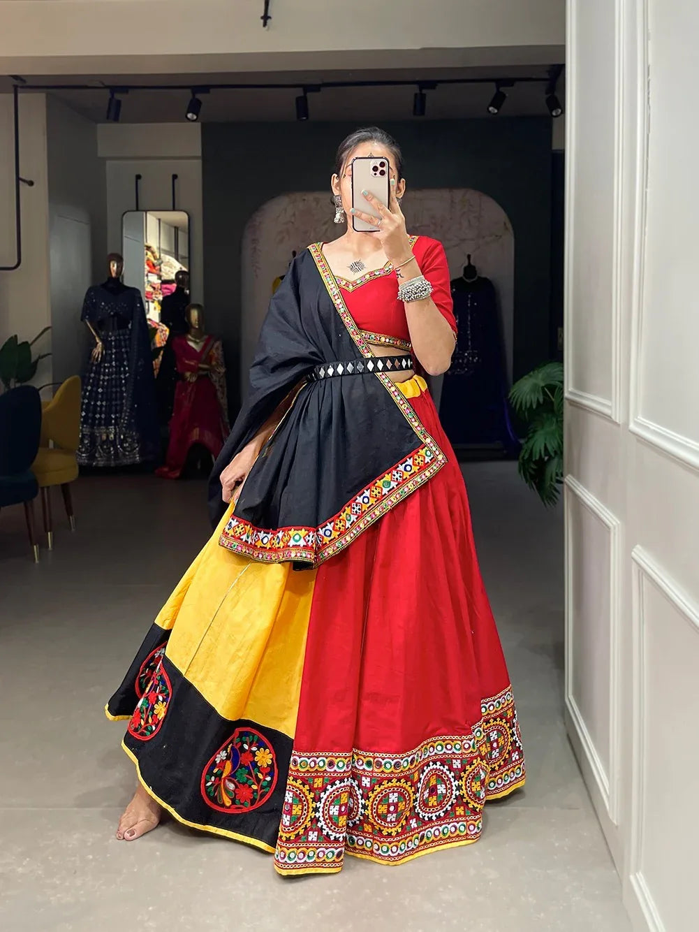 Red and Yellow Pure Cotton Navratri Lehenga Choli featuring Gamthi work, mirror borders, and a waist belt by The Beauty Queen