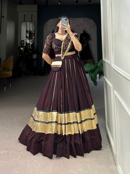 Coffee Bandhej Print And Embossed Design Paper Mirror Lace Navratri Lehenga Choli