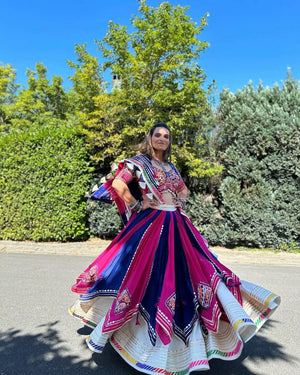 Royal Blue And Pink Heavy Muslin Cotton Digital Print And Real Mirror Work Navratri Lehenga Choli Set By The Beauty Queen