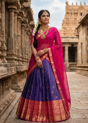 Royal Blue and Rani Pink Kanjivaram Silk Zari Weaving Work South Indian Half Saree Lehenga Choli Set flat lay view by The Beauty Queen