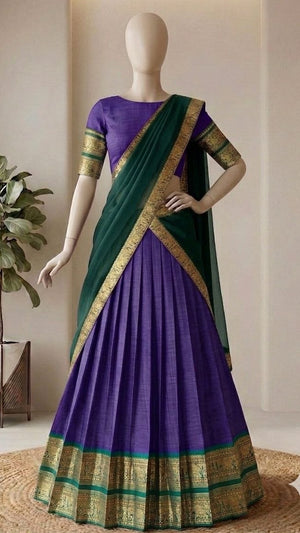Royal Purple and Bottle Green Kanci Cotton Zari Weaving Work South Indian Half Saree Langa Voni Set flat lay view by The Beauty Queen