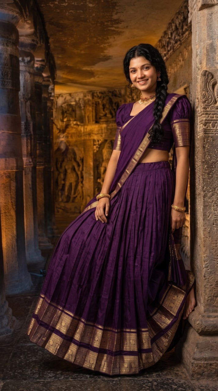 Royal Purple Kanci Cotton Zari Weaving Work South Indian Half Saree Langa Voni Set flat lay view by The Beauty Queen