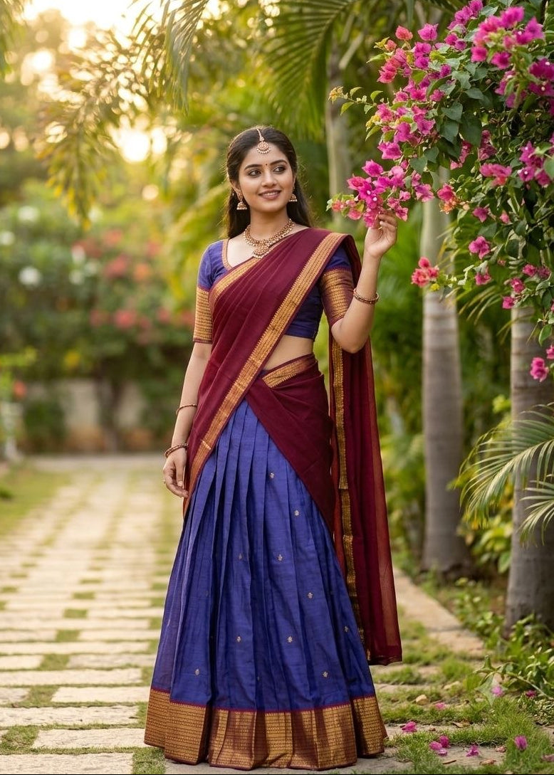 Royal Purple and Maroon Kanci Cotton Zari Weaving Work South Indian Half Saree Lehenga Choli Set flat lay view by The Beauty Queen