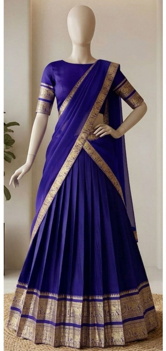 Royal Purple Monochrome Kanci Cotton Zari Weaving Work South Indian Half Saree Langa Voni Set flat lay view by The Beauty Queen