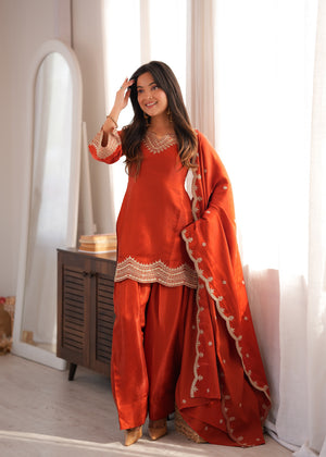Rust Orange Glass Roman Silk Salwar Suit With Sequin Dori And Zari Work By The Beauty Queen